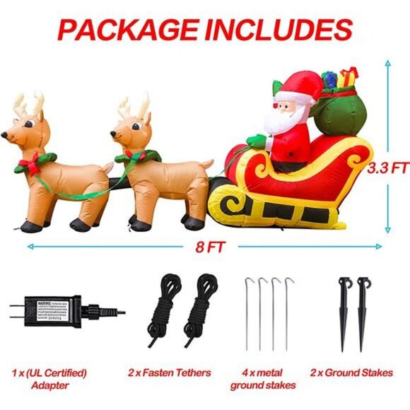 8 FT Long Inflatables Santa on Sleigh with 2 Reindeer Christmas Decoration - Picture 6 of 6